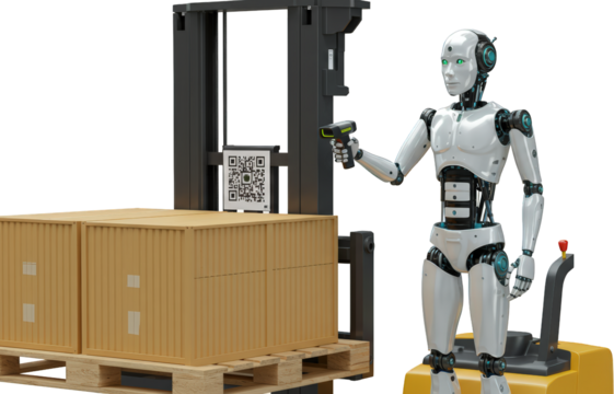 Automated Warehouse Robot Using Barcode Scanner on Pallet of Cardboard Boxes