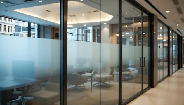 Modern Office Interior with Glass Walls and Frosted Privacy Film for Conference Room or Workspace