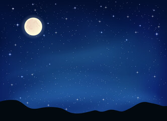 Full moon on clear, starry night with bright, twinkling stars against a rich dark blue sky background, vector illustration
