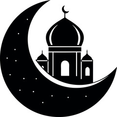 Black and white Islamic mosque vector design, perfect for use in Ramadan campaigns, event posters, and traditional decorations.
