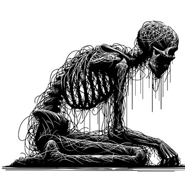 Tired skeleton sitting on the ground with a distressed posture for halloween  