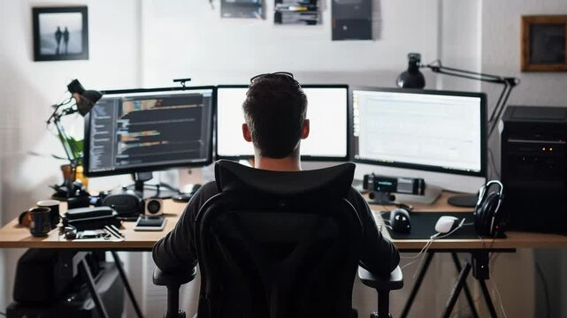 A hardworking programmer in front, full computer setup loking at  screens, isolated on a white background, Generative AI Videos.