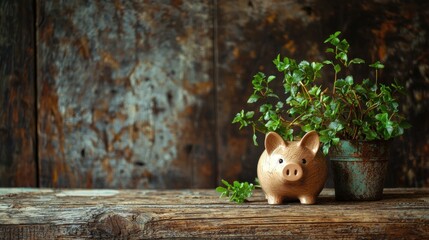 A ceramic piggy bank sits on a rustic wooden surface surrounded by lush green plants growing out of the base symbolizing the intertwined nature of financial growth and environmental sustainability