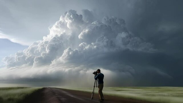 Storm chaser photographs towering cumulus clouds over a road in a rural landscape