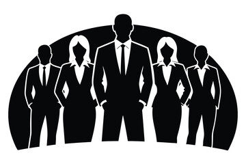 Monochrome silhouette shows confident business leader and team standing together, ready for success