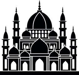 Black and white Islamic mosque vector design, perfect for use in Ramadan campaigns, event posters, and traditional decorations.