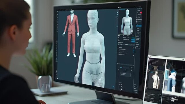 Designer developing virtual garments for avatar using 3D fashion software

