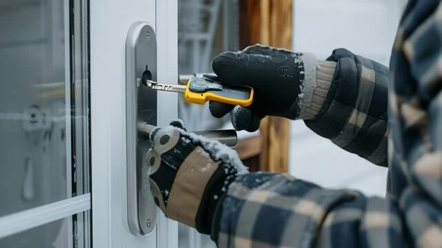 Close-up of a locksmith working on a door in daylight,  locksmith is wearing black gloves, tan patches and is using a yellow and black screwdriver to adjust the lock mechanism, Generative AI Videos.