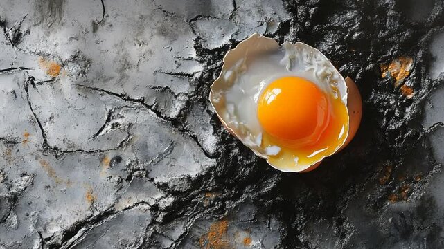 Fresh egg yolk on cracked shell against textured background