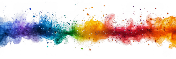 Vibrant splash of multicolored paint forming a dynamic cloud with droplets and gradients blending smoothly.