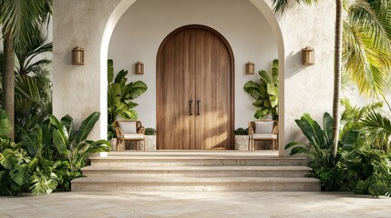 Fototapeta premium Sunlit entryway with arched doorway, stone steps, tropical plants, and wicker chairs