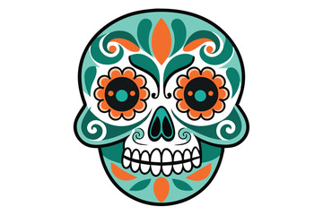 Ornate teal sugar skull adorned with flowers and leaves symbolizes dia de los muertos