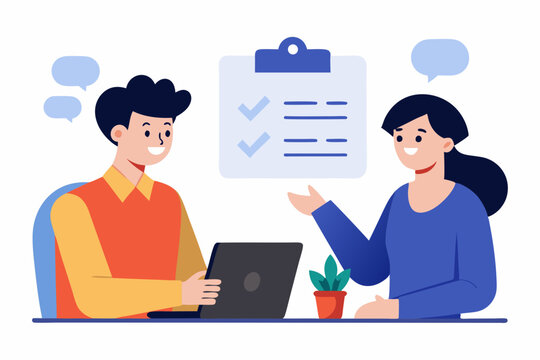 Vector illustration of a performance review meeting with appraisal sheet manager and employee discussion