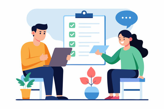 Vector illustration of a performance review meeting with appraisal sheet manager and employee discussion