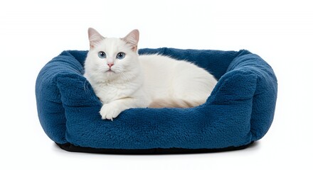 Elegant White Cat with Blue Eyes Resting Peacefully in Blue Pet Bed Isolated on White Background for Pet Care and Companion Animal Content