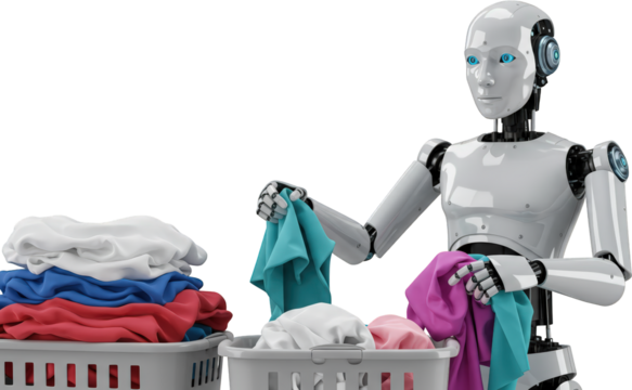 Futuristic Robot Sorting Laundry Clothes in Baskets AI Household Chores Modern Technology - Powered by Adobe