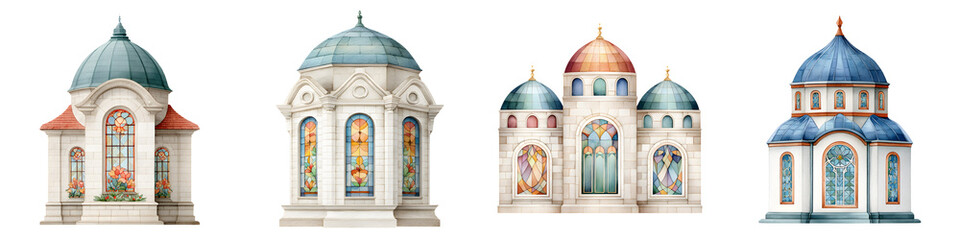 Obraz premium Architectural detail in a series of domed structures, showcasing intricate stained glass and elegant design, perfect for religious and artistic representation in diverse creative projects.