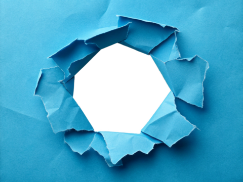 Synthetic material that tears up the paper background and pops out. Momentum. Powerful. Flashy. Blue paper