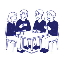 Four people sitting at table, drinking coffee and talking in simple vector line art.