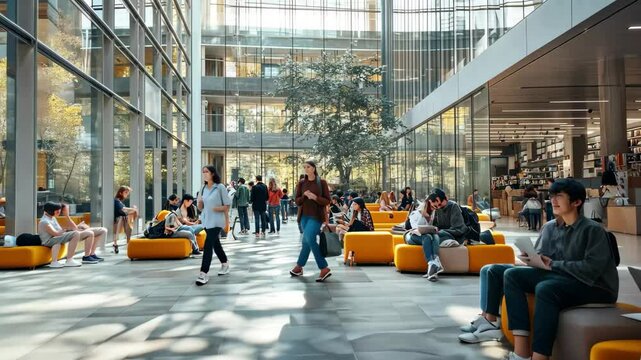 Diverse group of students studying and collaborating in a modern university environment, Diverse group of students in large modern university building