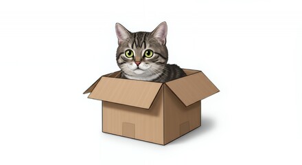 Cute Tabby Cat Sitting Comfortably Inside Cardboard Box Isolated on Clean White Background Pet Animal with Natural Fur Patterns Close Up
