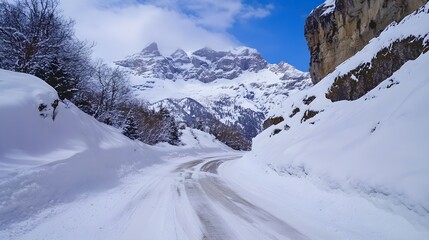 Snowy mountain road winding through winter wonderland