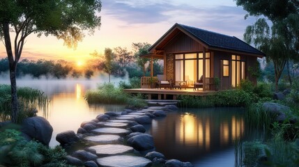 Obraz premium Lakeside Cabin Sunset Tranquility; Peaceful evening retreat near water, stone path, misty background; ideal for travel brochures