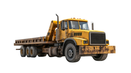 A flatbed truck carrying heavy equipment, Transparent background, PNG file