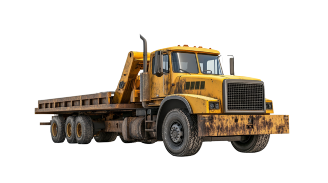 A flatbed truck carrying heavy equipment, Transparent background, PNG file