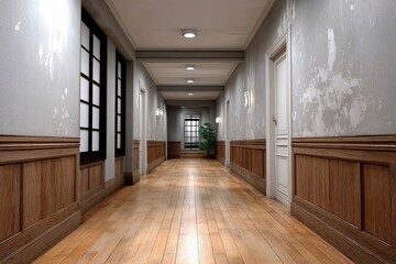 Fototapeta premium Long Wooden Hallway with Stains Mildew discovered on Walls and Classic Doors Interior Design 