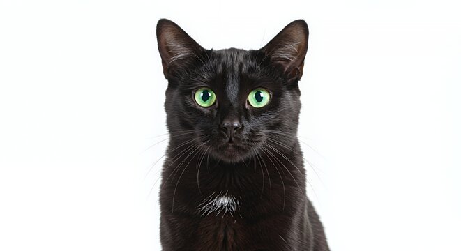Captivating Black Cat with Green Eyes Adorned with Snowflakes Isolated on White Background