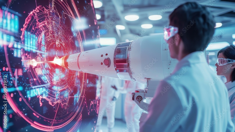 Poster scientists in a futuristic laboratory setting observing and analyzing data from a rocket test on a l