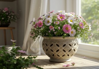Fototapeta premium Pink and white daisy flowers in a decorative pot near window