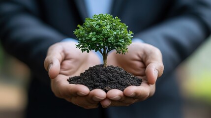 A businessman holding a small tree in his hands, representing green business growth