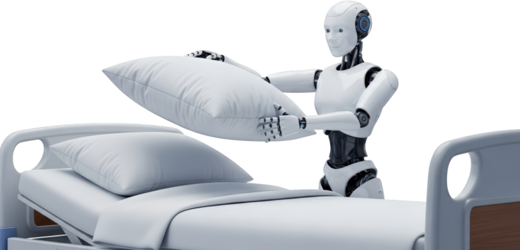 Futuristic Healthcare Robot Making Hospital Bed AI Assistance Robotic Nurse Pillow Automation
