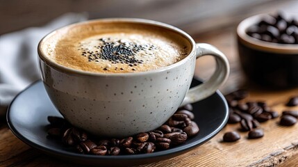 Fototapeta premium Coffee art latte beside beans on minimalist wooden table concept. A steaming cup of coffee on a wooden table with coffee beans.