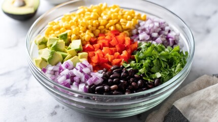 Colorful salad ingredients arranged in sections inside a clear glass bowl.