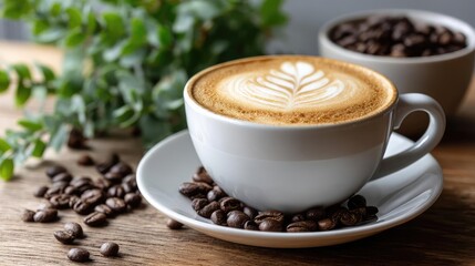 Obraz premium Coffee art latte beside beans on minimalist wooden table concept. A warm cup of coffee surrounded by coffee beans and greenery.