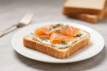 Smoked Salmon Open-Faced Sandwich with Dill Cream Cheese on Toasted Bread