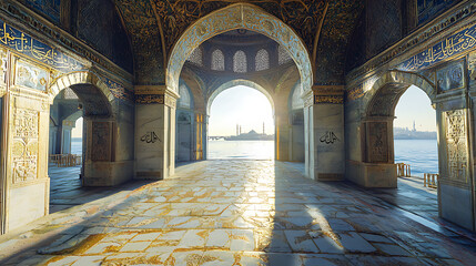 Obraz premium A majestic, long hall with towering arches and ornate vaulted ceilings, illuminated by natural light streaming through large windows, creating dramatic shadows on the floor