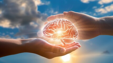 Hands protecting a brain under a vibrant sky