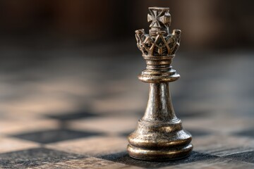 Silver chess king piece stands on a checkered board with a blurred background.