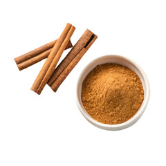 Cinnamon powder on white bowl top view isolated on white background