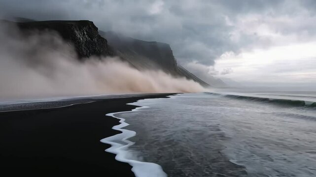 Black sand beach sandstorm in Sandvik, Iceland creates dramatic coastal atmosphere, Black sand beach sandstorm Sandvik Iceland