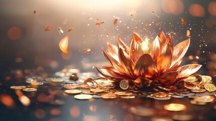 Majestic golden lotus blossom floating atop a tranquil body of water with shimmering gold coins scattered around representing wealth spiritual enlightenment and the promise of prosperity
