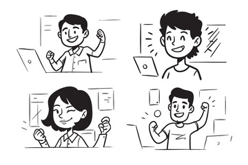 Happy Diverse People Celebrating Success with Laptops Outline Illustration Set