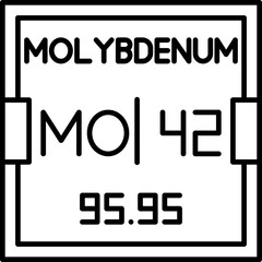 Obraz premium Periodic table vector icon for Molybdenum with symbol Mo and atomic number 42, designed for chemistry education, science infographics, and digital reference guides.