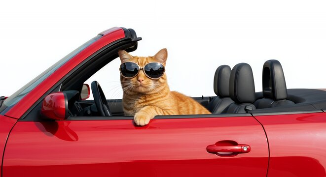 Orange Tabby Cat Wearing Sunglasses Sits Coolly in a Red Convertible Car with White Background Isolated