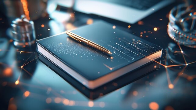 A luxurious handcrafted notebook with a golden pen rests on a dark surface its edges illuminated by a soft ethereal glow creating an atmosphere of tranquility and