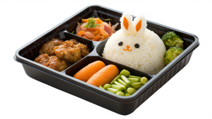 Cute bento box with rice shaped like a bunny, side dishes of karaage chicken, edamame, and carrot flowers isolated on transparent background.
